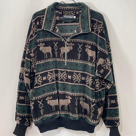 Norm Thompson Velour Pullover Moose Fair Isle 1/2 Zip Sweatshirt Shacket Large - Picture 1 of 10